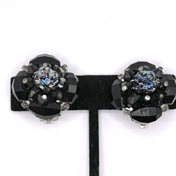 West Germany Signed Vntage Black Lava Rock Look Clip-on Cluster Earrings - Picture 1 of 13